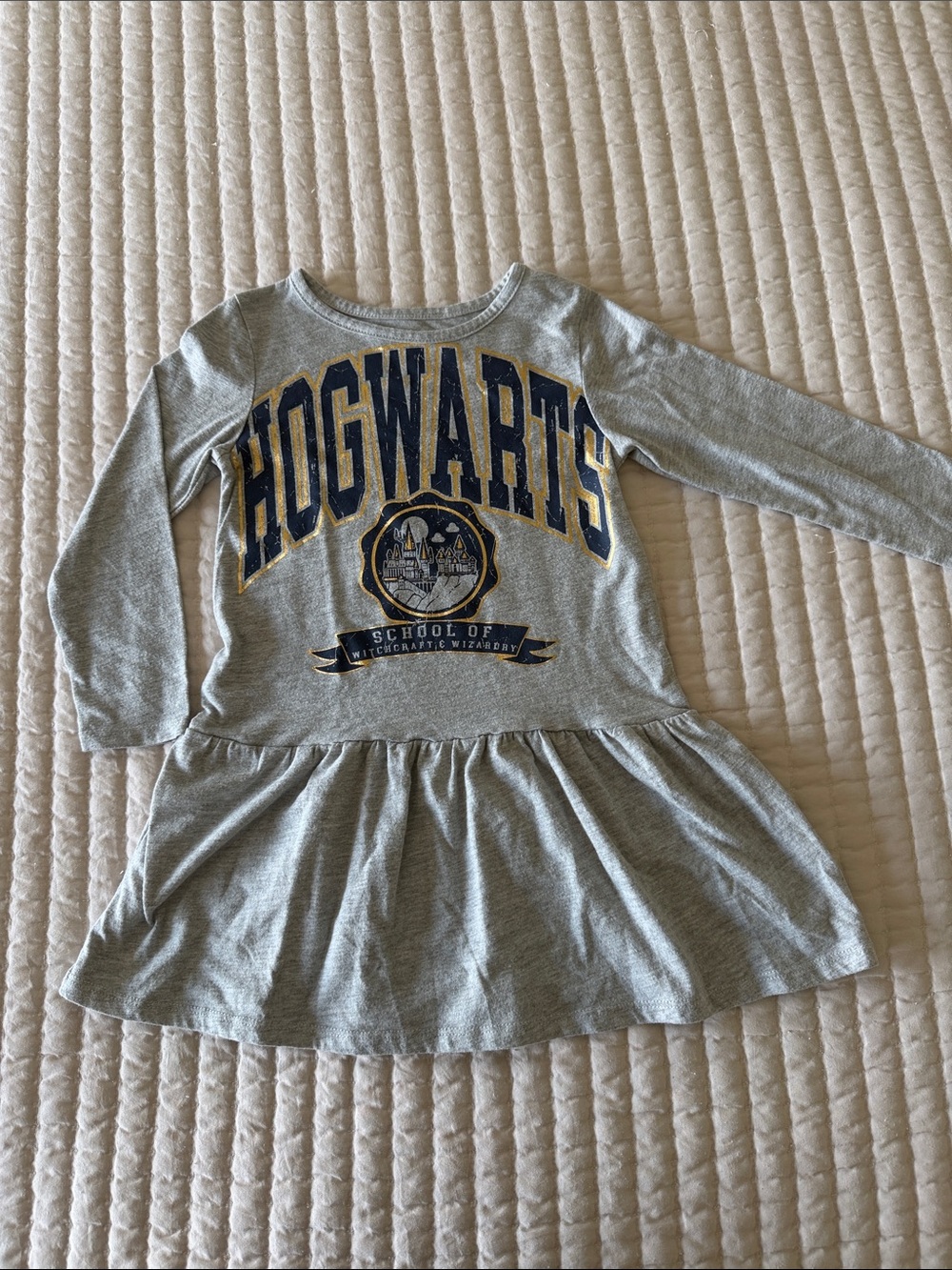 H&M Girls Gray Hogwarts Graphic Dress with Navy and Gold Details